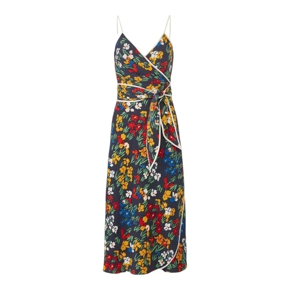 TORY BURCH Navy Blue Floral Grotto Midi Wrap Dress Size 8